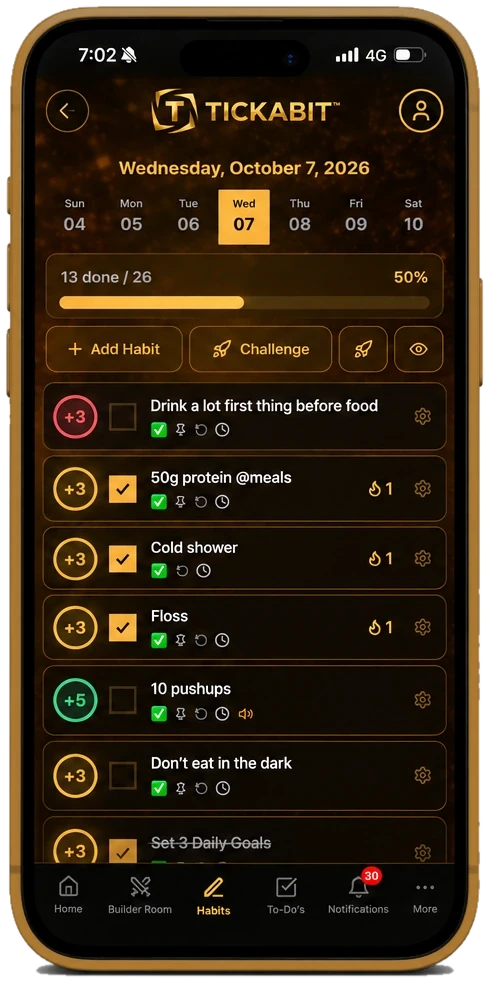 Tickabit habits screen showing a week view, daily progress bar and a checklist of habits with reminders