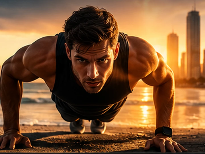 A man doing push-ups on the beach at sunrise with the city skyline behind him