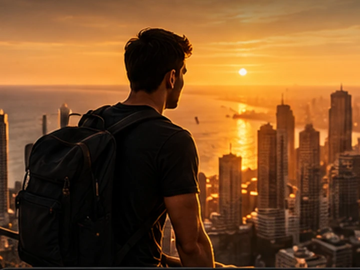 A man with a backpack looking out over the city at sunset
